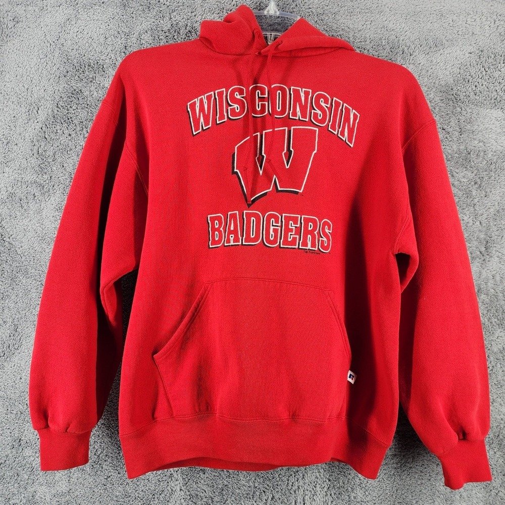 Russell Athletic Hoodie Mens Large Red Wisconsin Badgers Vintage 90s Made in USA